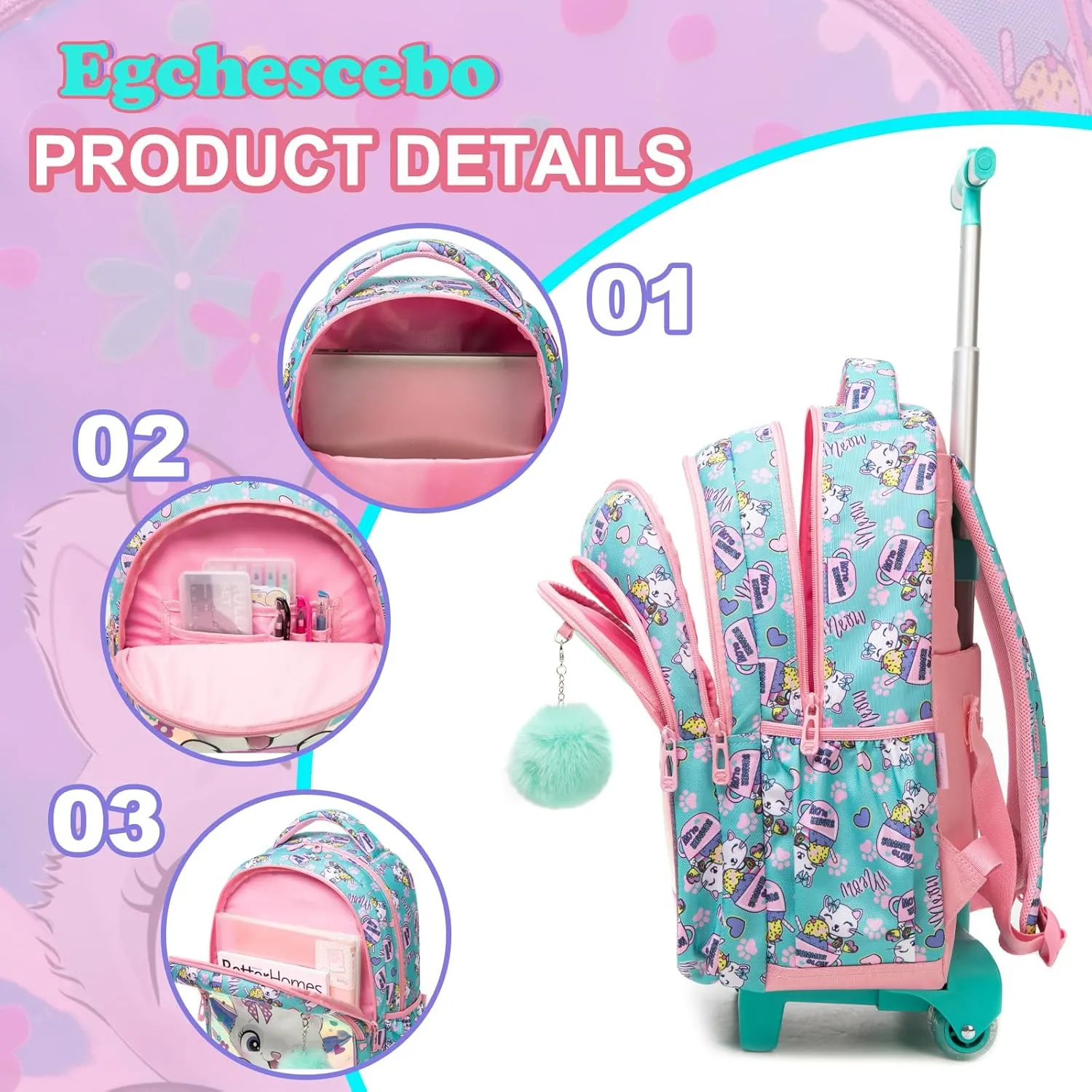 Egchescebo Kids Rolling Backpack for Girls Trolley Suitcases Luggage Travel with Wheels Bookbag Wheeled 17" 3PCS Roller Backpacks Toddler Back Pack School Bags Set for Elementary Cats Phantom Color