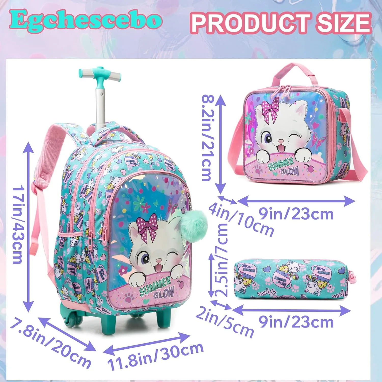 Egchescebo Kids Rolling Backpack for Girls Trolley Suitcases Luggage Travel with Wheels Bookbag Wheeled 17" 3PCS Roller Backpacks Toddler Back Pack School Bags Set for Elementary Cats Phantom Color