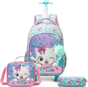 Egchescebo Kids Rolling Backpack for Girls Trolley Suitcases Luggage Travel with Wheels Bookbag Wheeled 17" 3PCS Roller Backpacks Toddler Back Pack School Bags Set for Elementary Cats Phantom Color