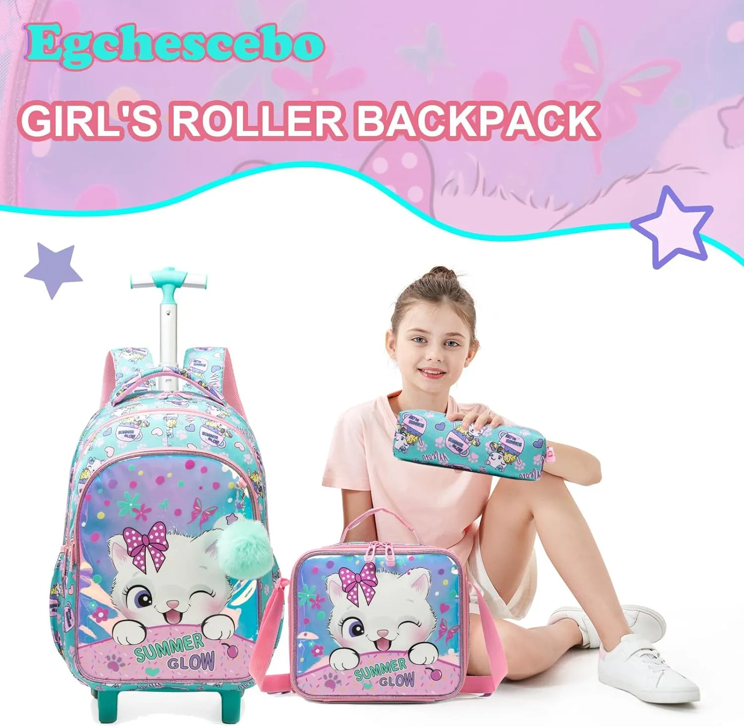Egchescebo Kids Rolling Backpack for Girls Trolley Suitcases Luggage Travel with Wheels Bookbag Wheeled 17" 3PCS Roller Backpacks Toddler Back Pack School Bags Set for Elementary Cats Phantom Color