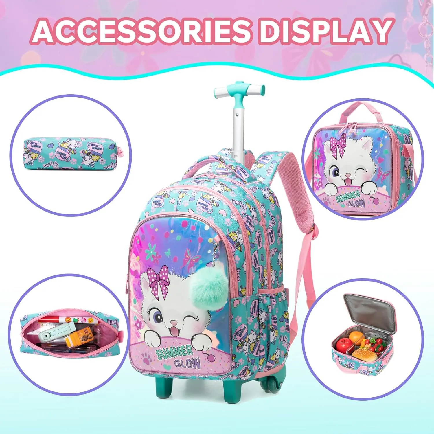 Egchescebo Kids Rolling Backpack for Girls Trolley Suitcases Luggage Travel with Wheels Bookbag Wheeled 17" 3PCS Roller Backpacks Toddler Back Pack School Bags Set for Elementary Cats Phantom Color