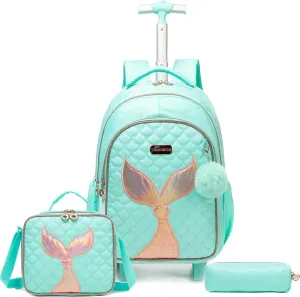 Egchescebo Kids Rolling Backpack for Girls Trolley Suitcases Luggage Travel with Wheels Bookbag Wheeled 17" 3PCS Roller Backpacks Toddler Back Pack School Bags Set for Elementary Mermaids Green