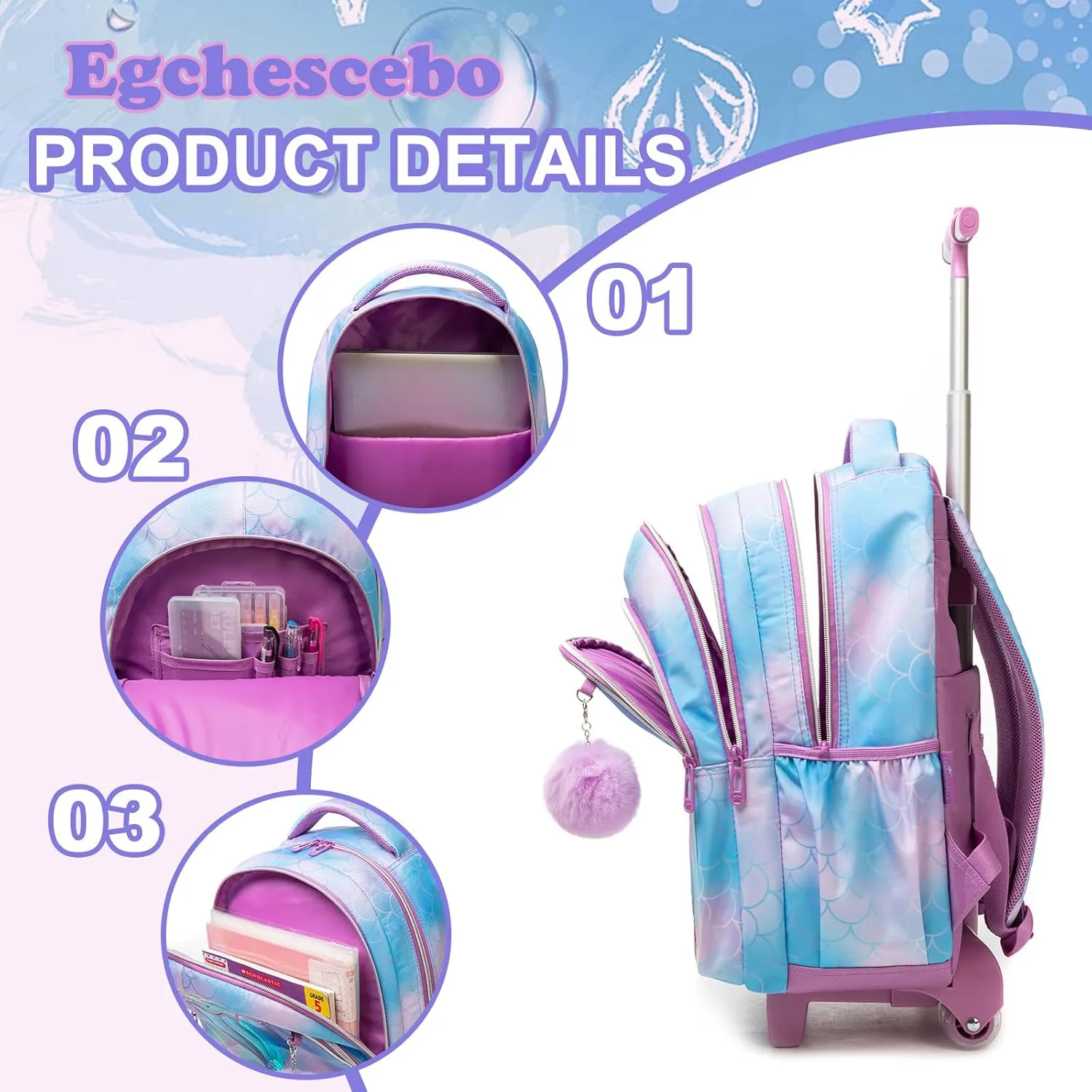 Egchescebo Kids Rolling Backpack for Girls Trolley Suitcases Luggage Travel with Wheels Bookbag Wheeled 17" 3PCS Roller Backpacks Toddler Back Pack School Bags Set for Elementary Mermaids Sky Blue