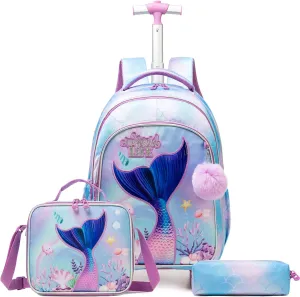 Egchescebo Kids Rolling Backpack for Girls Trolley Suitcases Luggage Travel with Wheels Bookbag Wheeled 17" 3PCS Roller Backpacks Toddler Back Pack School Bags Set for Elementary Mermaids Sky Blue