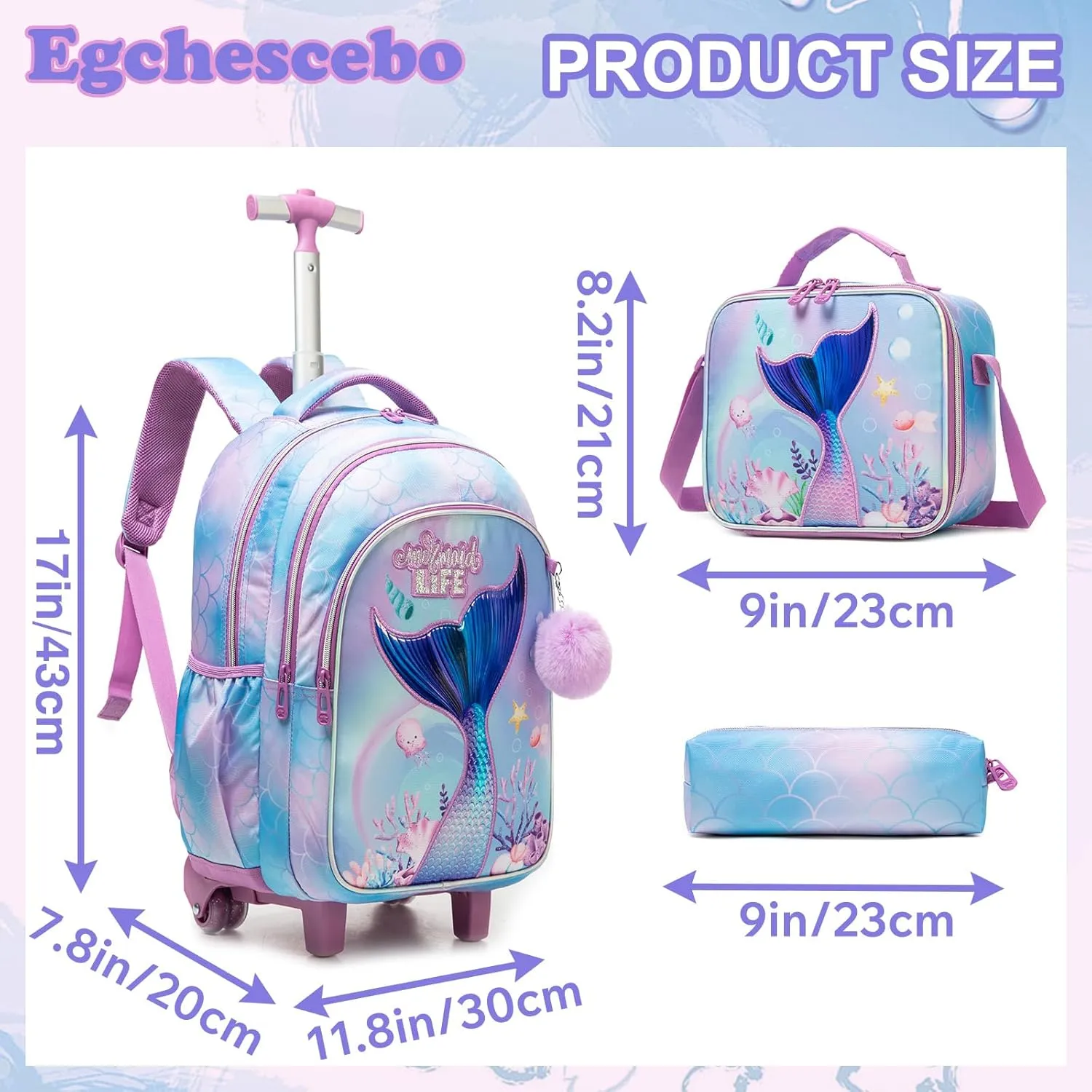 Egchescebo Kids Rolling Backpack for Girls Trolley Suitcases Luggage Travel with Wheels Bookbag Wheeled 17" 3PCS Roller Backpacks Toddler Back Pack School Bags Set for Elementary Mermaids Sky Blue