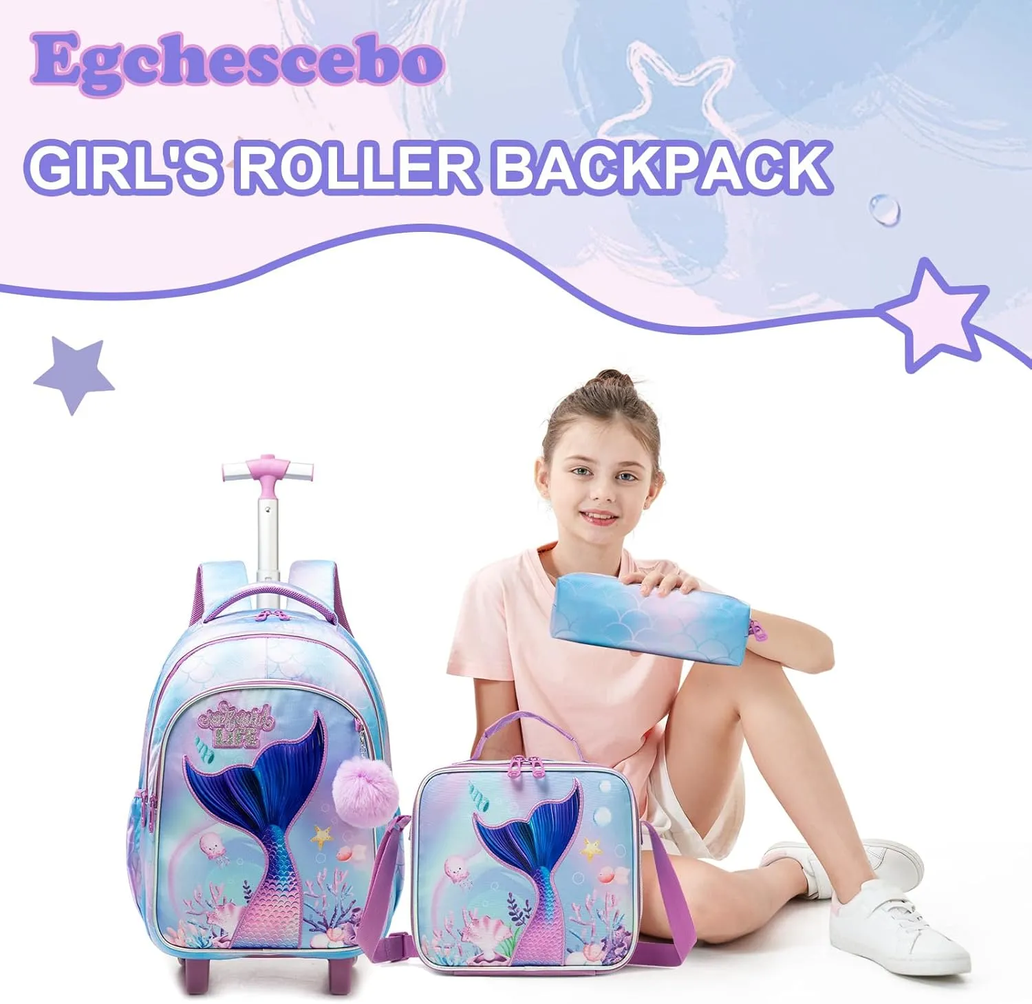Egchescebo Kids Rolling Backpack for Girls Trolley Suitcases Luggage Travel with Wheels Bookbag Wheeled 17" 3PCS Roller Backpacks Toddler Back Pack School Bags Set for Elementary Mermaids Sky Blue