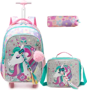 Egchescebo Kids Rolling Backpack for Girls Unicorn with Braids Suitcases Trolley Roller Luggage Backpacks Wheels with Lunch Box Pencil Case for Elementary Multiple Compartment Pocket School Bag Pink