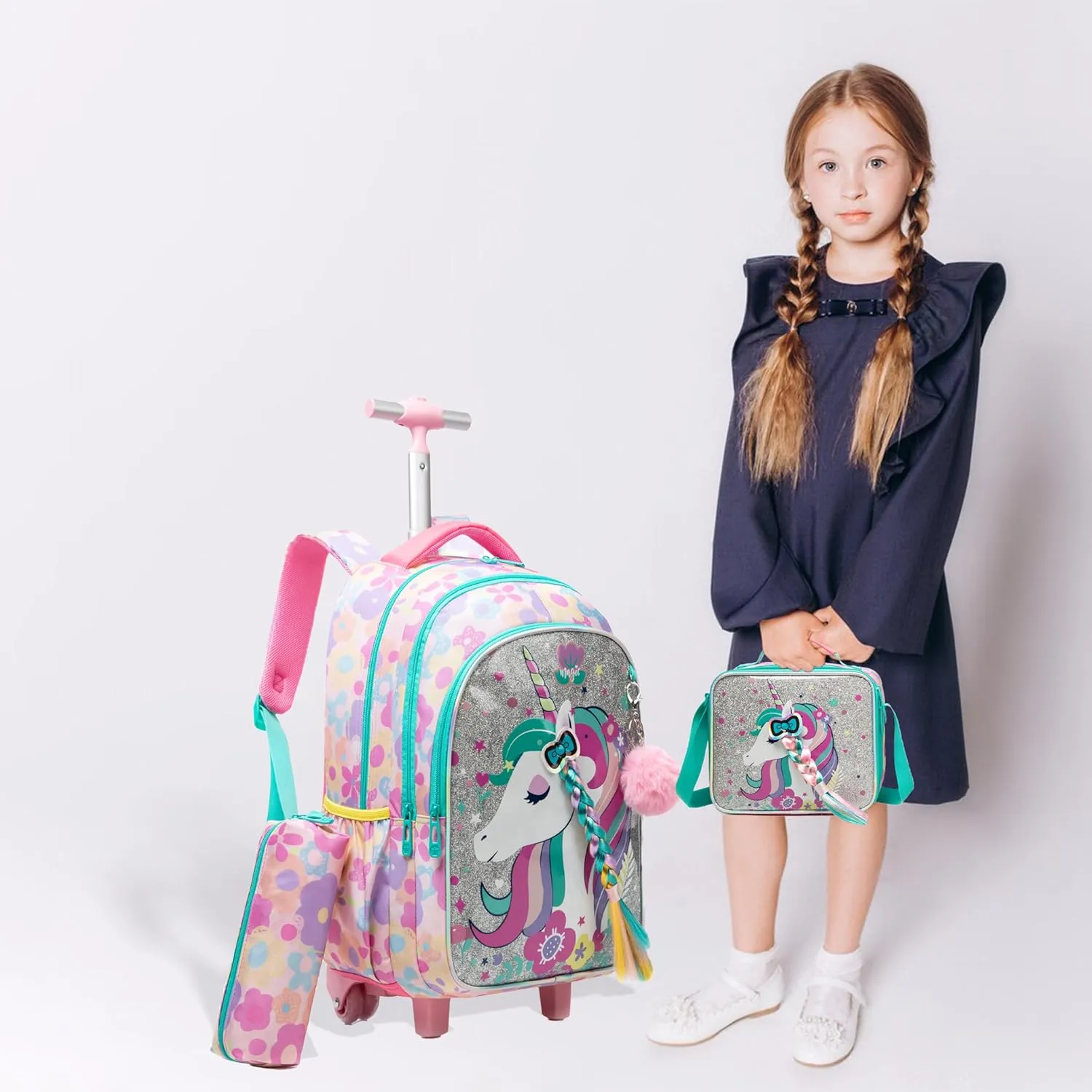 Egchescebo Kids Rolling Backpack for Girls Unicorn with Braids Suitcases Trolley Roller Luggage Backpacks Wheels with Lunch Box Pencil Case for Elementary Multiple Compartment Pocket School Bag Pink