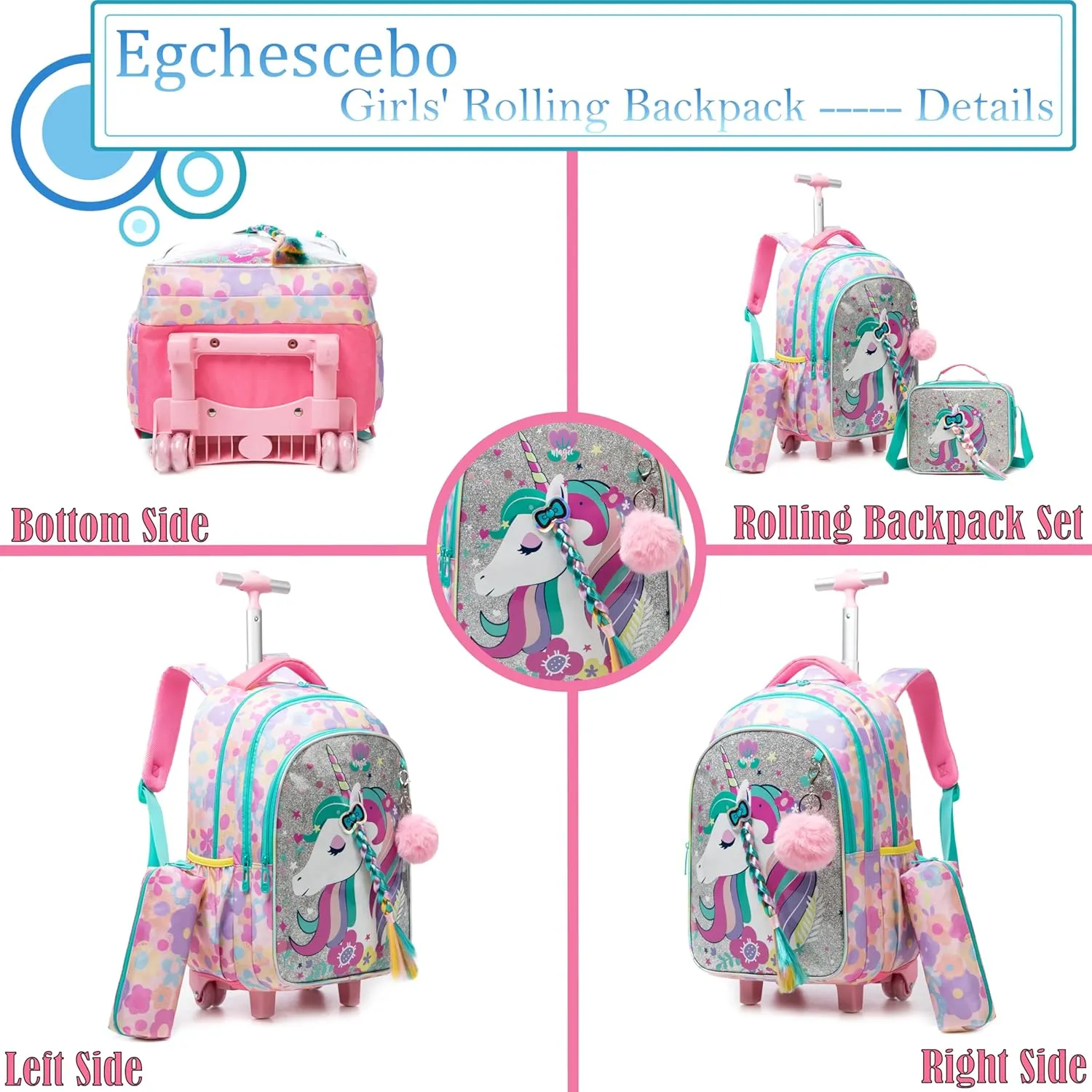 Egchescebo Kids Rolling Backpack for Girls Unicorn with Braids Suitcases Trolley Roller Luggage Backpacks Wheels with Lunch Box Pencil Case for Elementary Multiple Compartment Pocket School Bag Pink