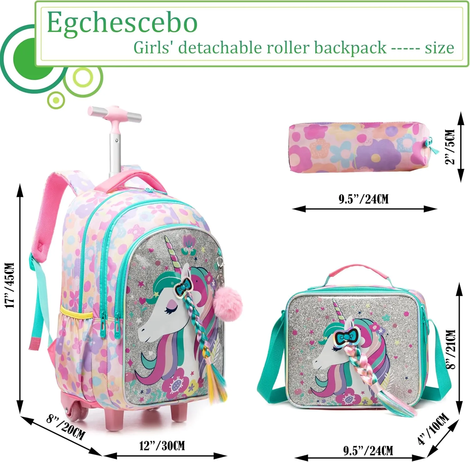 Egchescebo Kids Rolling Backpack for Girls Unicorn with Braids Suitcases Trolley Roller Luggage Backpacks Wheels with Lunch Box Pencil Case for Elementary Multiple Compartment Pocket School Bag Pink