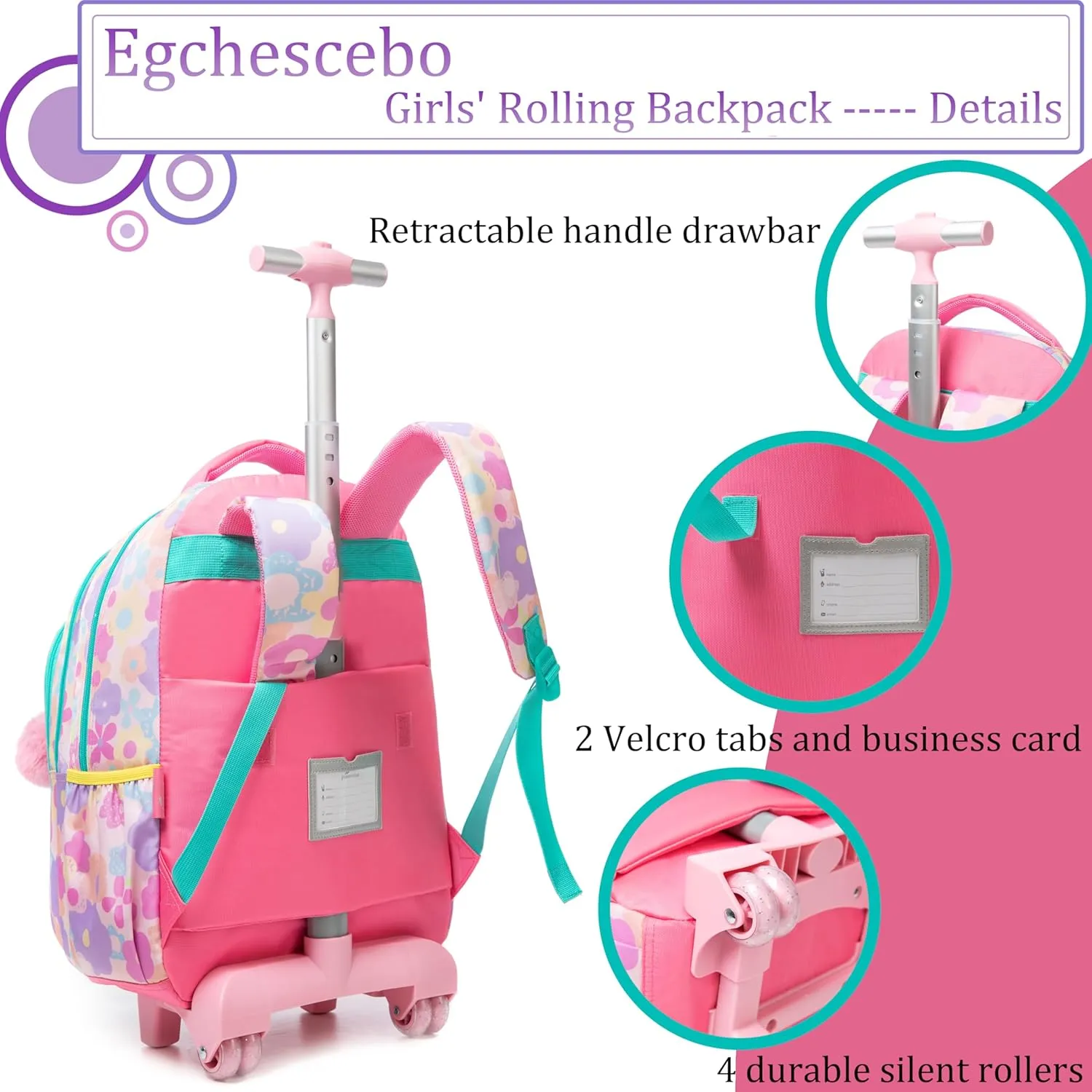 Egchescebo Kids Rolling Backpack for Girls Unicorn with Braids Suitcases Trolley Roller Luggage Backpacks Wheels with Lunch Box Pencil Case for Elementary Multiple Compartment Pocket School Bag Pink