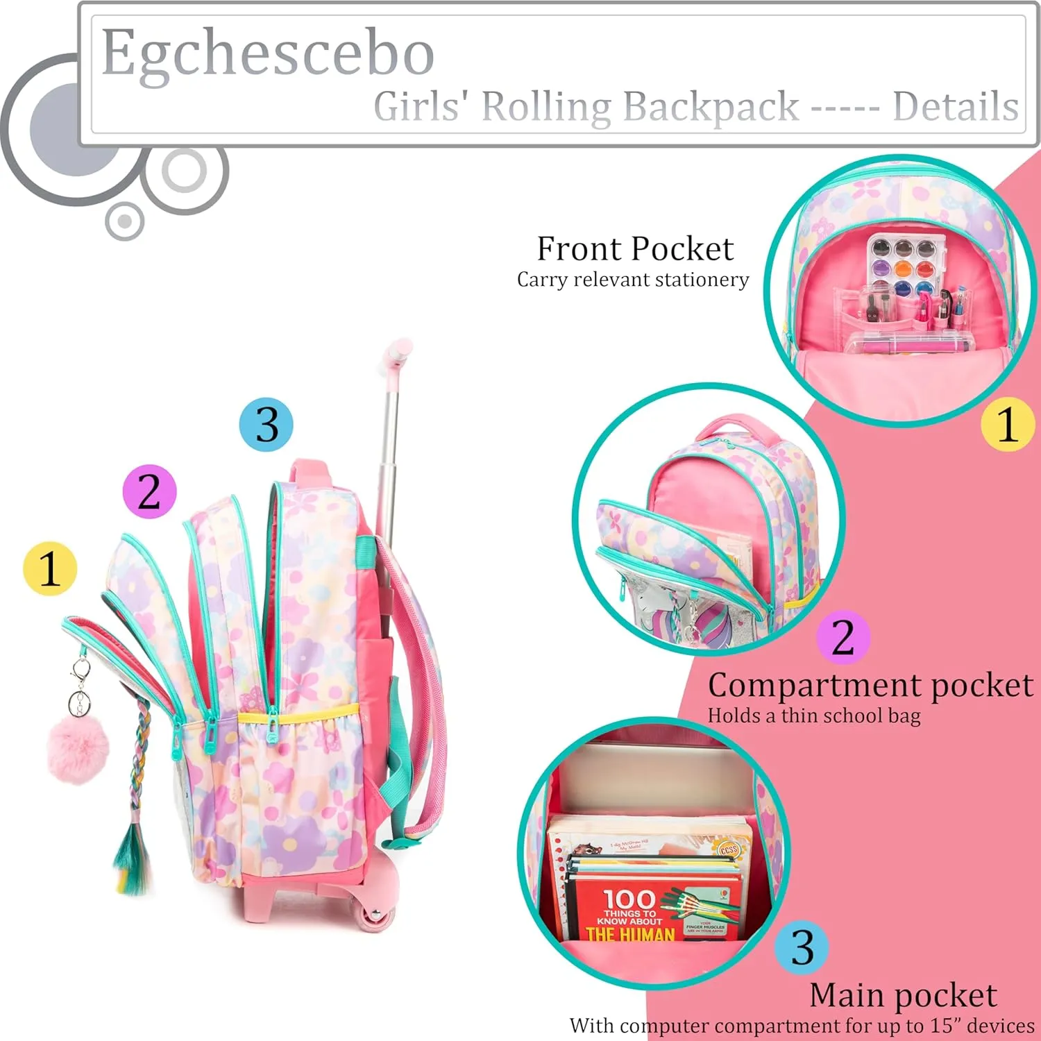 Egchescebo Kids Rolling Backpack for Girls Unicorn with Braids Suitcases Trolley Roller Luggage Backpacks Wheels with Lunch Box Pencil Case for Elementary Multiple Compartment Pocket School Bag Pink