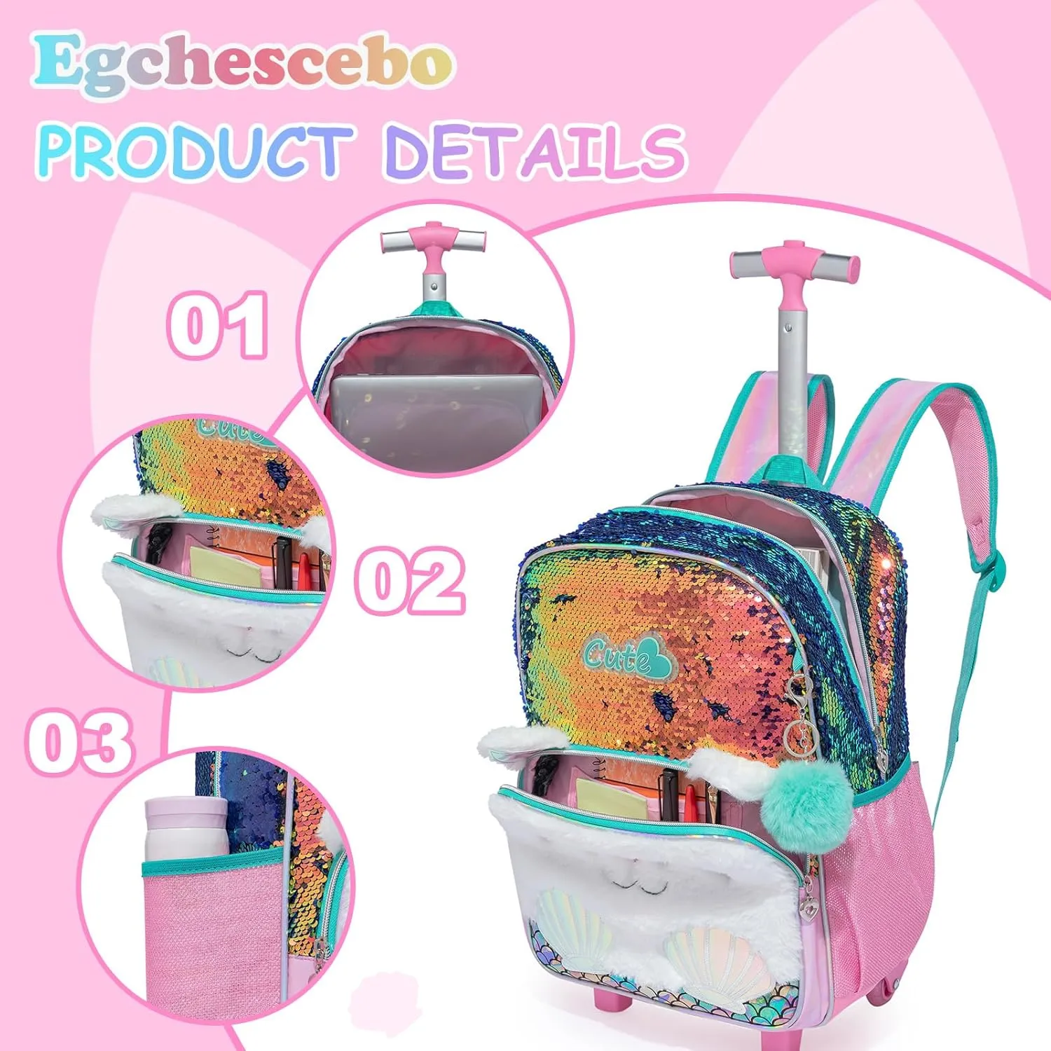 Egchescebo Kids Rolling Backpack for Girls With Wheels School Bags Elementary (5315-maomi-Champagne)