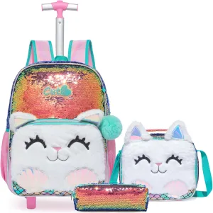 Egchescebo Kids Rolling Backpack for Girls With Wheels School Bags Elementary (5315-maomi-Champagne)