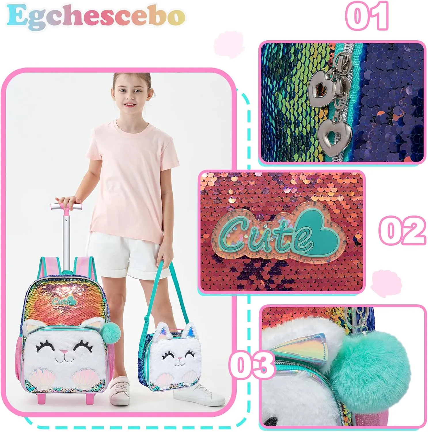 Egchescebo Kids Rolling Backpack for Girls With Wheels School Bags Elementary (5315-maomi-Champagne)