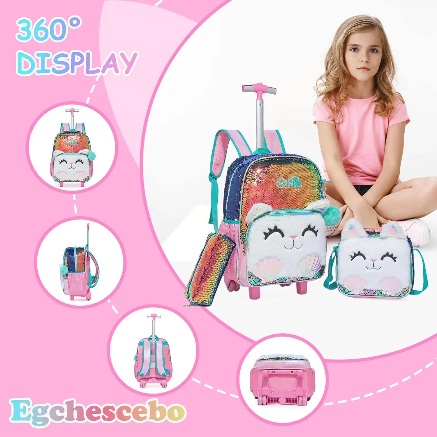 Egchescebo Kids Rolling Backpack for Girls With Wheels School Bags Elementary (5315-maomi-Champagne)