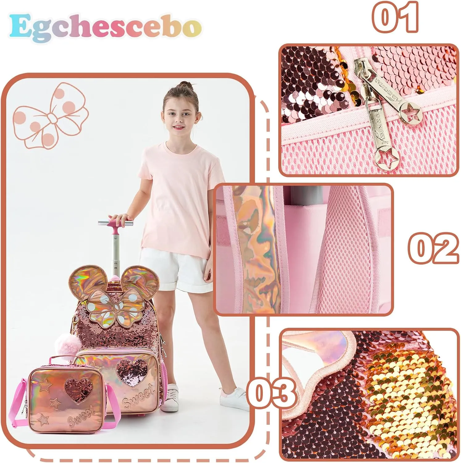 Egchescebo Kids Rolling Backpack for Girls With Wheels School Bags Elementary (5315-miqi-Champagne)
