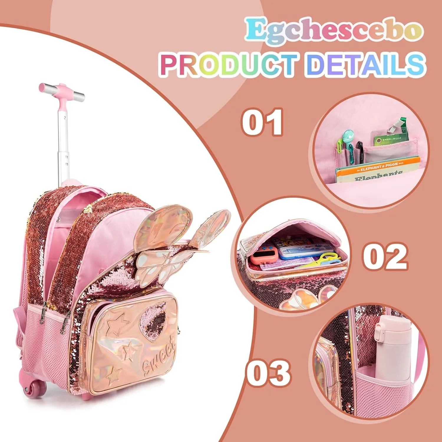 Egchescebo Kids Rolling Backpack for Girls With Wheels School Bags Elementary (5315-miqi-Champagne)