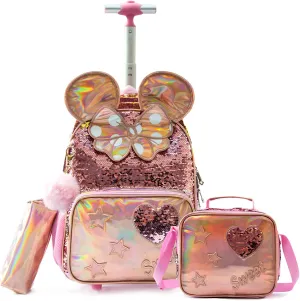 Egchescebo Kids Rolling Backpack for Girls With Wheels School Bags Elementary (5315-miqi-Champagne)