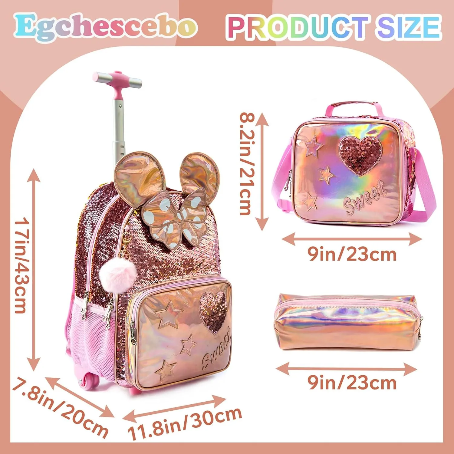 Egchescebo Kids Rolling Backpack for Girls With Wheels School Bags Elementary (5315-miqi-Champagne)