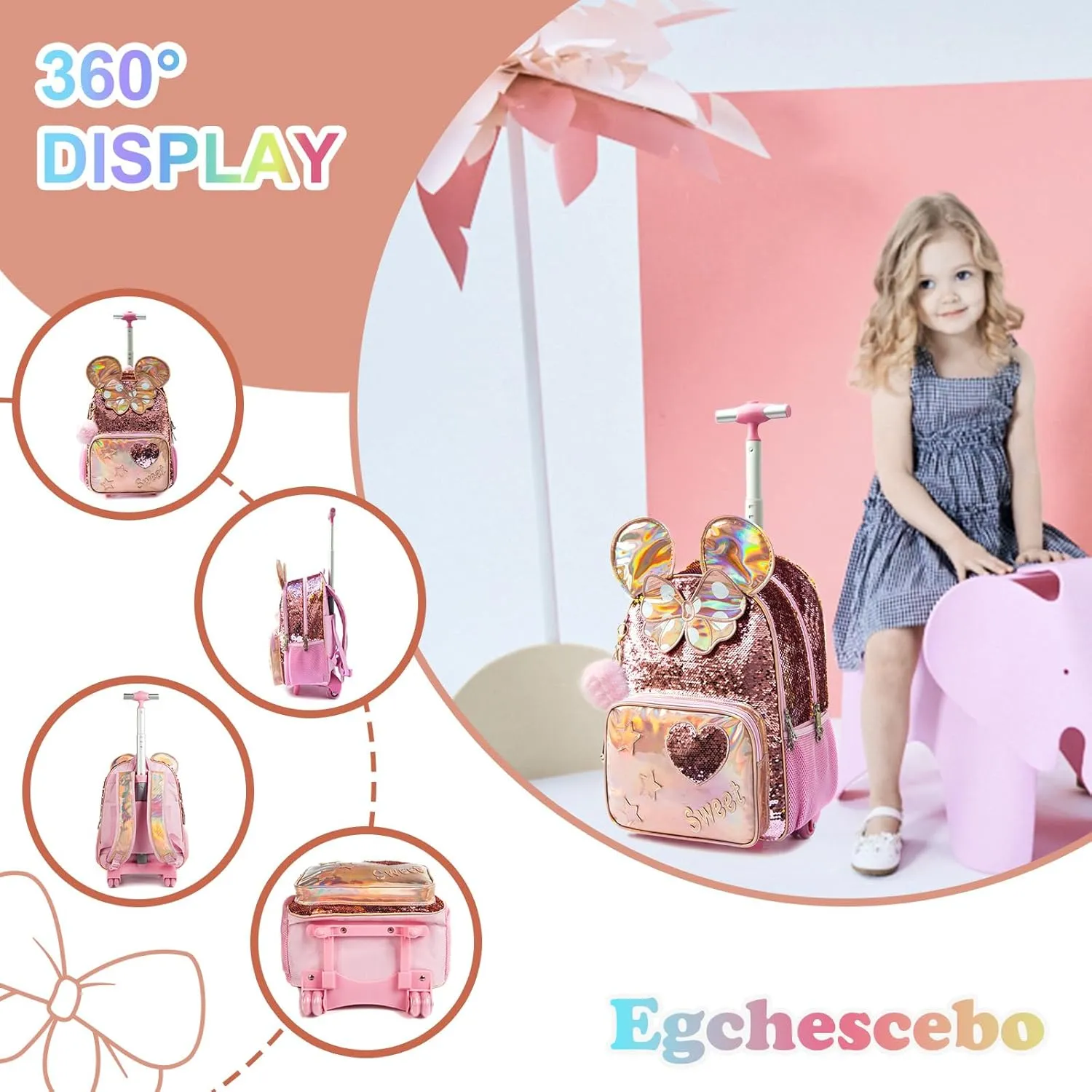 Egchescebo Kids Rolling Backpack for Girls With Wheels School Bags Elementary (5315-miqi-Champagne)