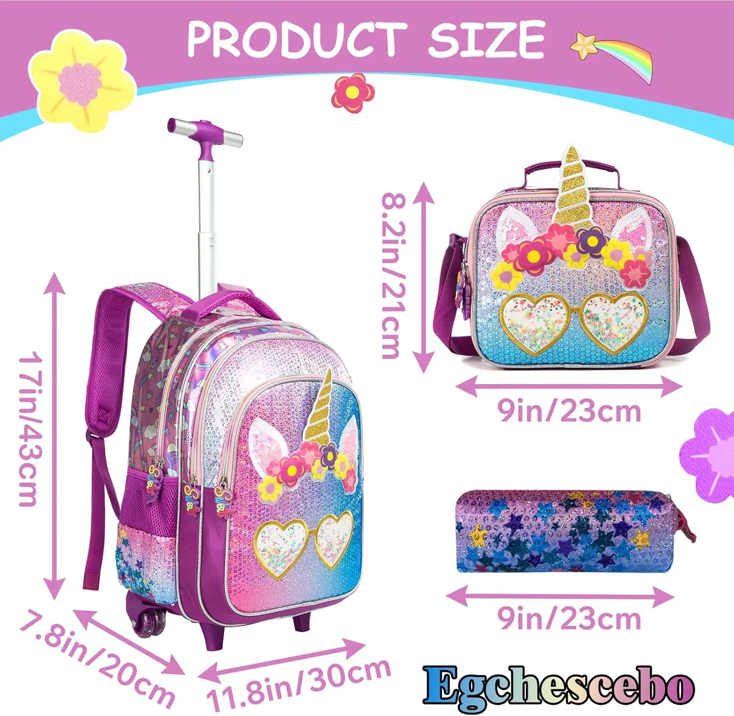 Egchescebo Kids Rolling Backpack for Girls With Wheels School Bags Elementary (5315-miyan-Purple)
