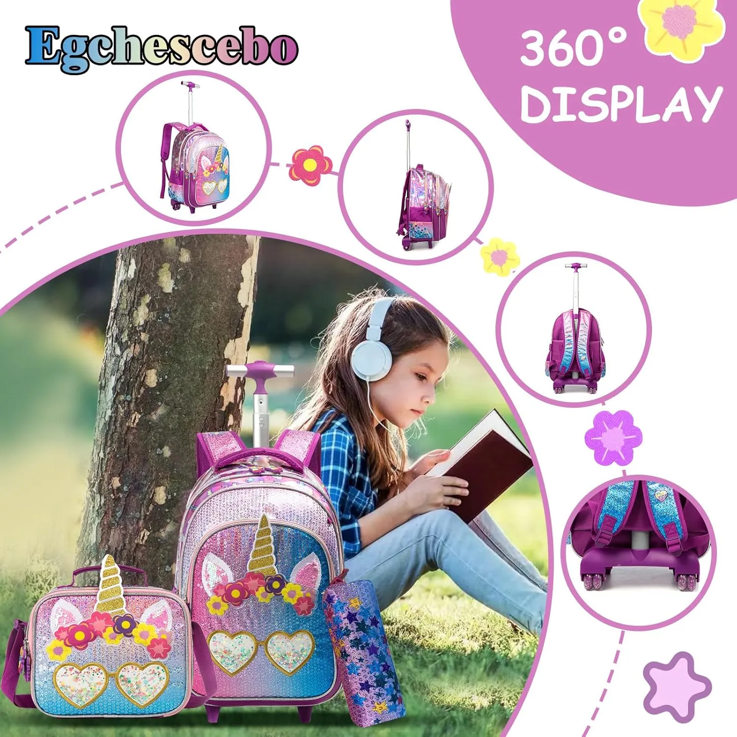 Egchescebo Kids Rolling Backpack for Girls With Wheels School Bags Elementary (5315-miyan-Purple)
