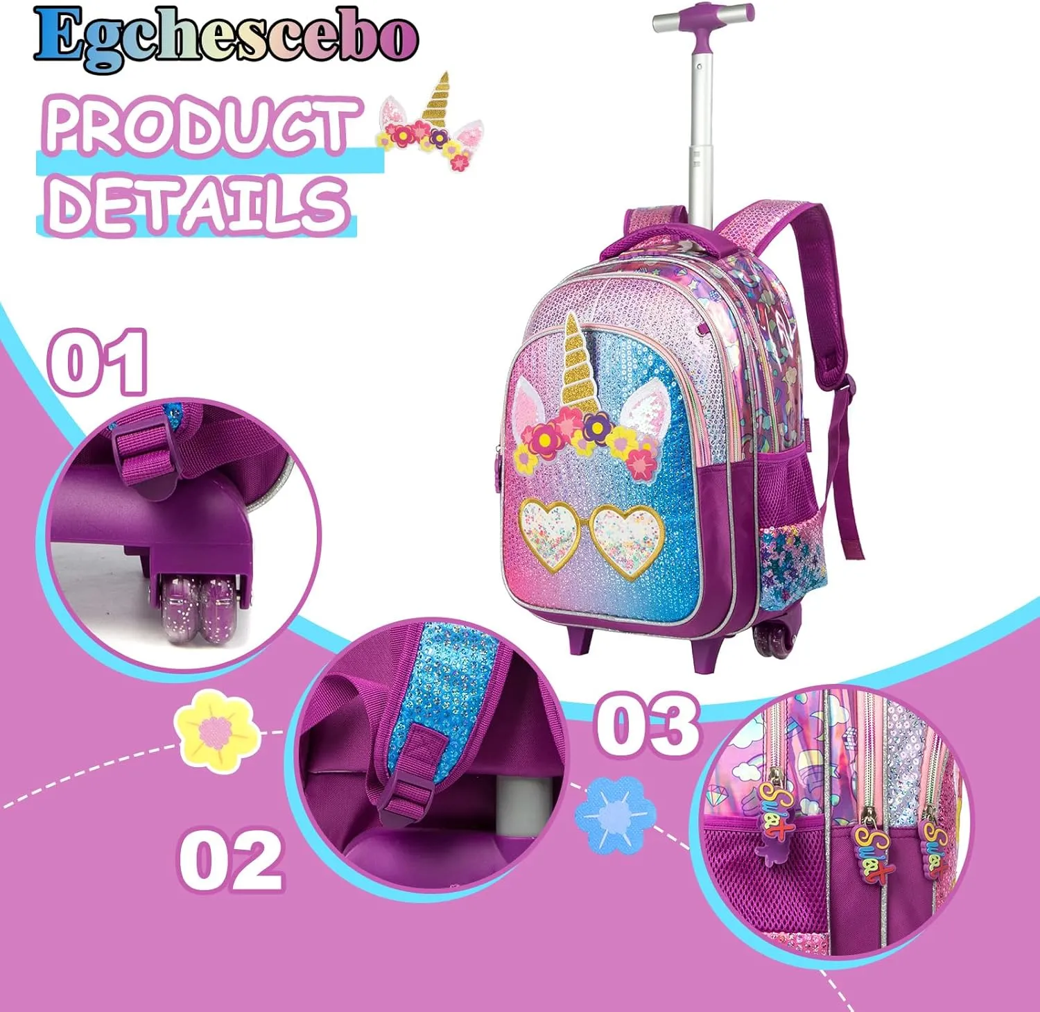 Egchescebo Kids Rolling Backpack for Girls With Wheels School Bags Elementary (5315-miyan-Purple)