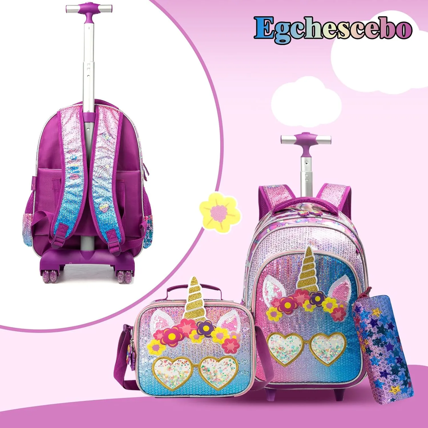 Egchescebo Kids Rolling Backpack for Girls With Wheels School Bags Elementary (5315-miyan-Purple)