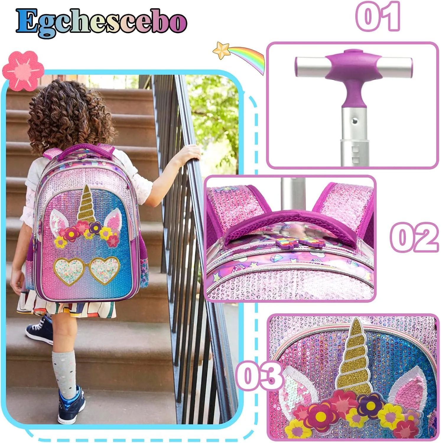 Egchescebo Kids Rolling Backpack for Girls With Wheels School Bags Elementary (5315-miyan-Purple)