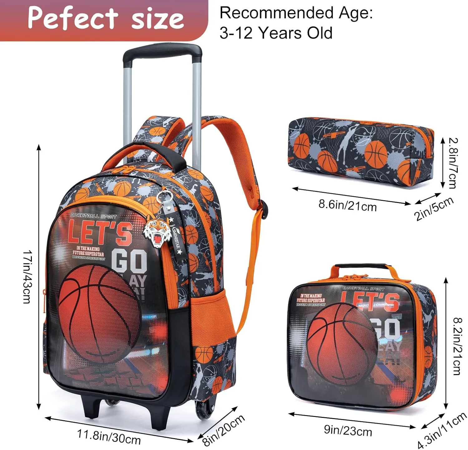 Egchescebo Kids Rolling Basketball Backpack for Boys Trolley Suitcases Luggage Travel with Wheels Bookbag Wheeled 3PCS Roller Backpacks Toddler Tote Bag Back Pack School Bags Set Elementary Red