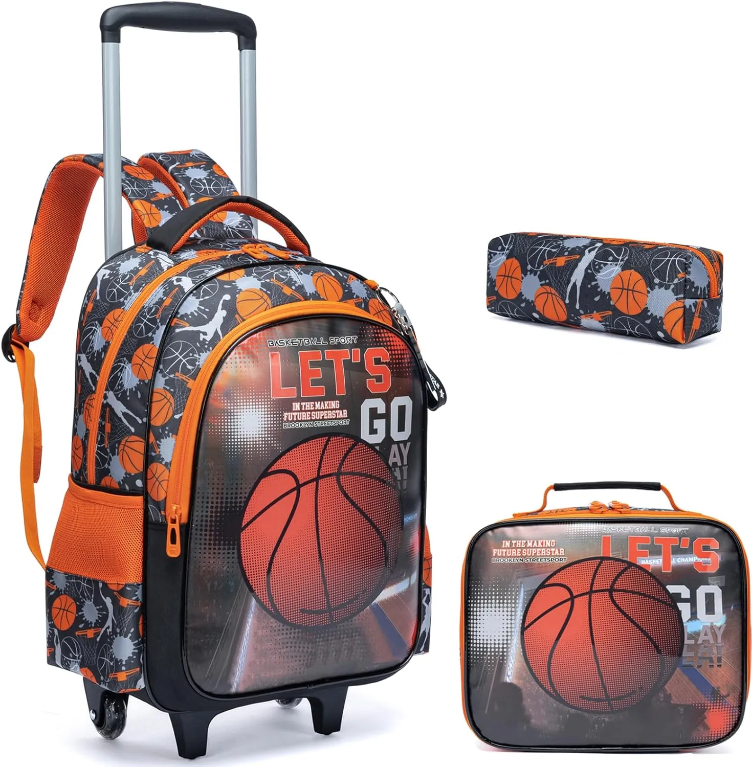 Egchescebo Kids Rolling Basketball Backpack for Boys Trolley Suitcases Luggage Travel with Wheels Bookbag Wheeled 3PCS Roller Backpacks Toddler Tote Bag Back Pack School Bags Set Elementary Red
