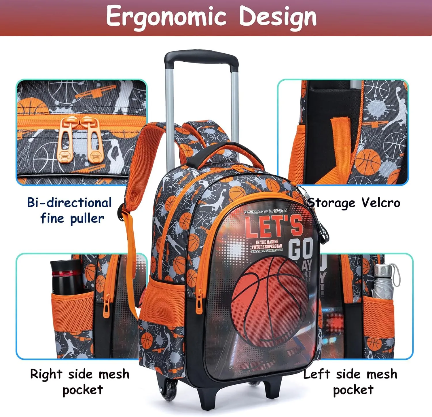Egchescebo Kids Rolling Basketball Backpack for Boys Trolley Suitcases Luggage Travel with Wheels Bookbag Wheeled 3PCS Roller Backpacks Toddler Tote Bag Back Pack School Bags Set Elementary Red