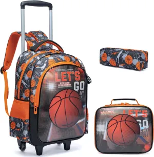 Egchescebo Kids Rolling Basketball Backpack for Boys Trolley Suitcases Luggage Travel with Wheels Bookbag Wheeled 3PCS Roller Backpacks Toddler Tote Bag Back Pack School Bags Set Elementary Red