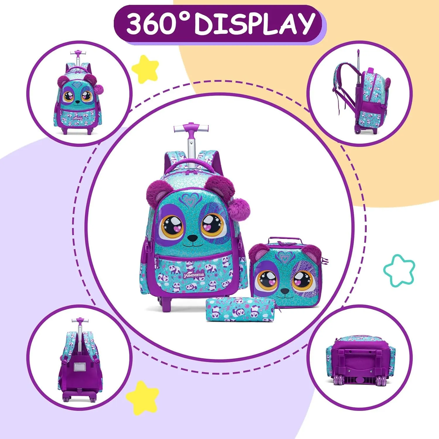 Egchescebo Kids Rolling Bears Backpack for Girls Trolley Suitcases Luggage Travel with Wheels Bookbag Wheeled 17" 3PCS Roller Backpacks Set Toddler Back Pack School Bags for Elementary Purple