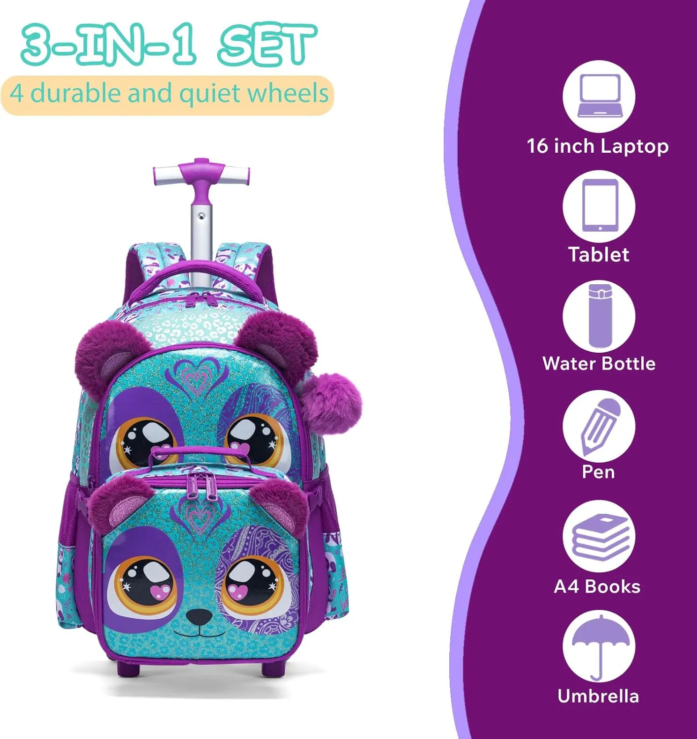 Egchescebo Kids Rolling Bears Backpack for Girls Trolley Suitcases Luggage Travel with Wheels Bookbag Wheeled 17" 3PCS Roller Backpacks Set Toddler Back Pack School Bags for Elementary Purple