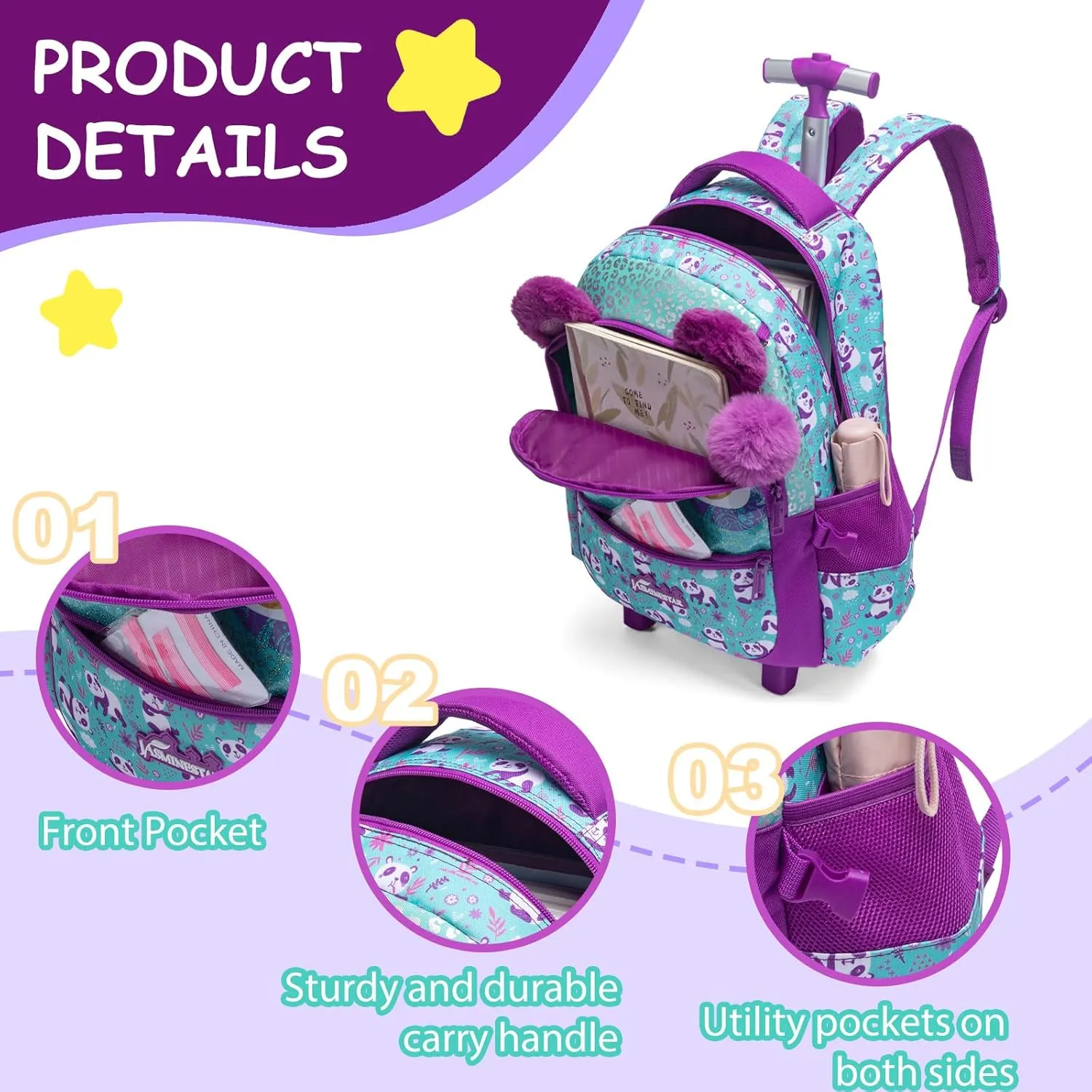 Egchescebo Kids Rolling Bears Backpack for Girls Trolley Suitcases Luggage Travel with Wheels Bookbag Wheeled 17" 3PCS Roller Backpacks Set Toddler Back Pack School Bags for Elementary Purple