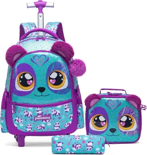 Egchescebo Kids Rolling Bears Backpack for Girls Trolley Suitcases Luggage Travel with Wheels Bookbag Wheeled 17" 3PCS Roller Backpacks Set Toddler Back Pack School Bags for Elementary Purple