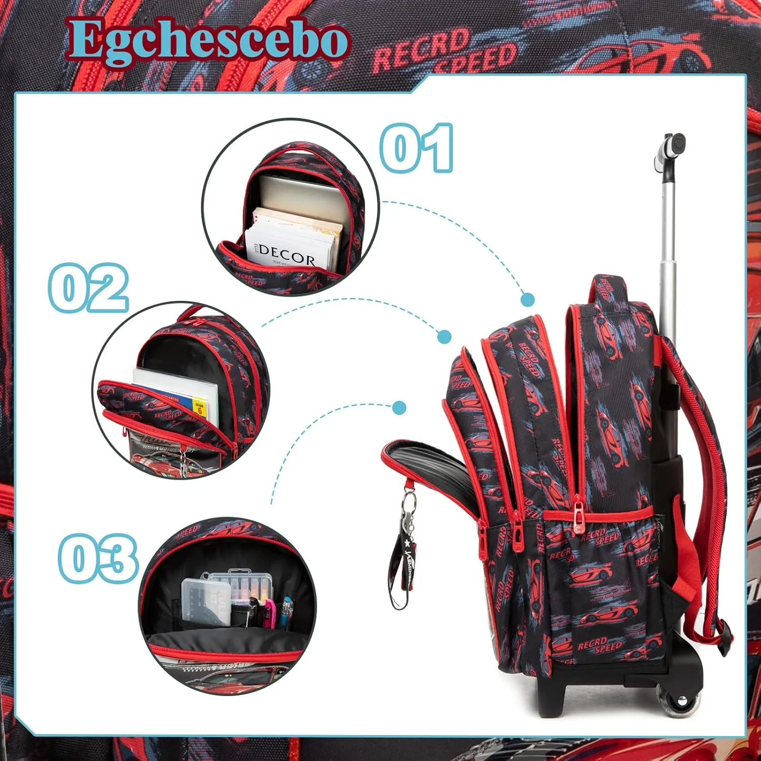 Egchescebo Kids Rolling Cars Backpack for Boys Trolley Suitcases Luggage Travel with Wheels Bookbag Wheeled 17" 3PCS Roller Backpacks Toddler Tote Bag Back Pack School Bags Set Elementary Red