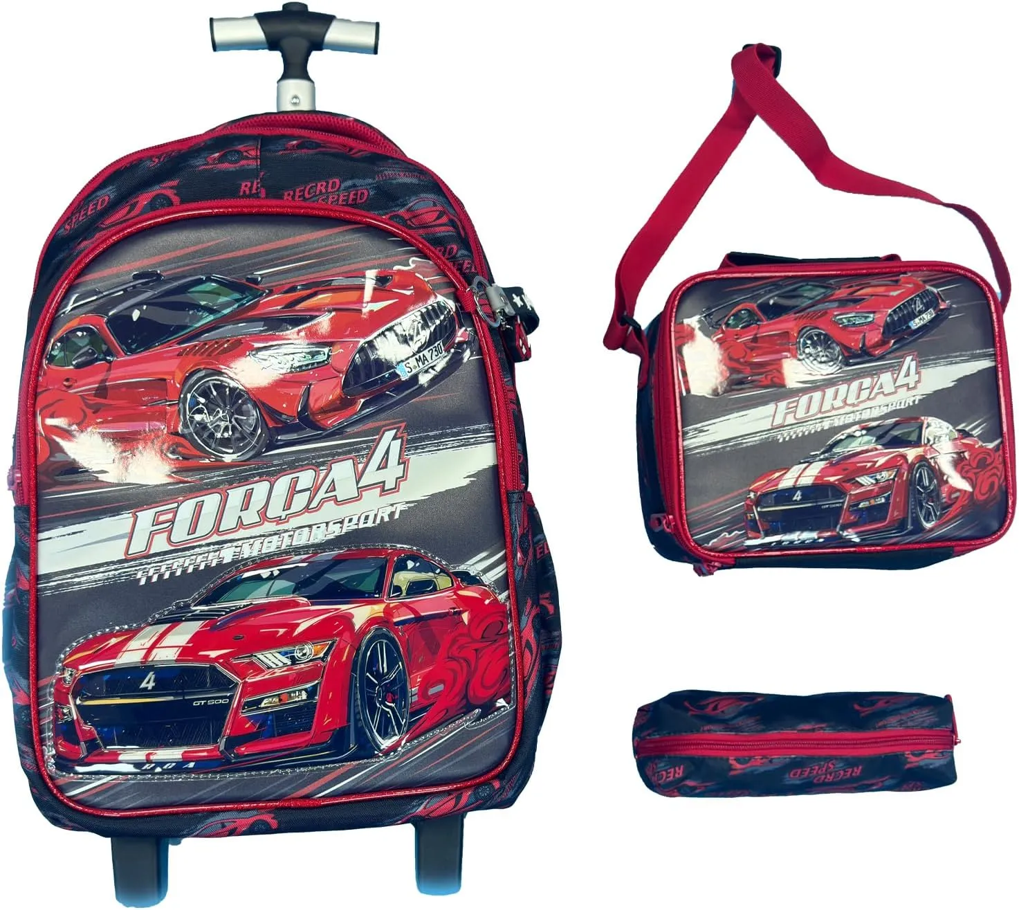 Egchescebo Kids Rolling Cars Backpack for Boys Trolley Suitcases Luggage Travel with Wheels Bookbag Wheeled 17" 3PCS Roller Backpacks Toddler Tote Bag Back Pack School Bags Set Elementary Red
