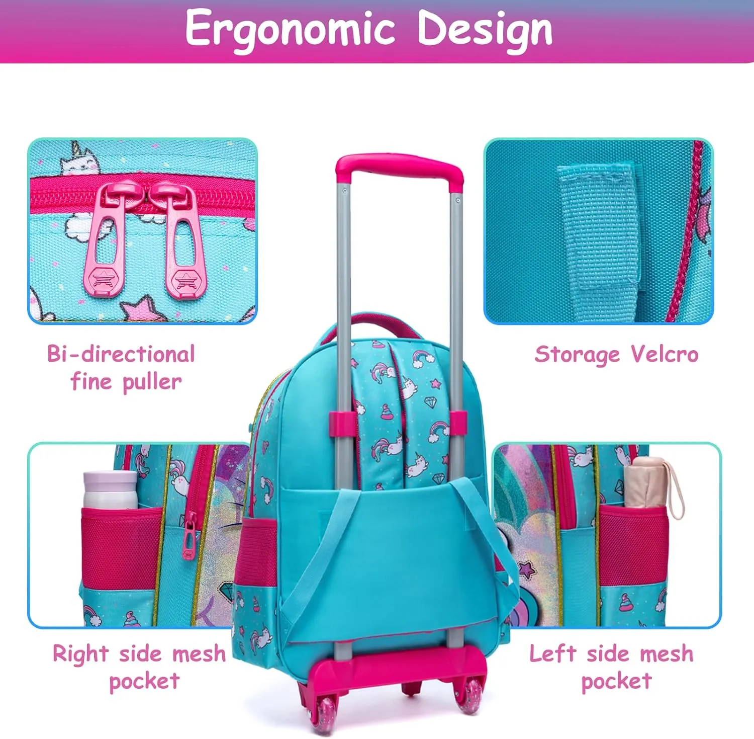 Egchescebo Kids Rolling Cats Backpack for Girls Trolley Suitcases Luggage Travel with Wheels Bookbag Wheeled 3PCS Roller Backpacks Toddler Tote Bag Back Pack School Bags Set for Elementary Green
