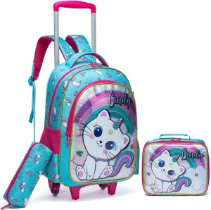Egchescebo Kids Rolling Cats Backpack for Girls Trolley Suitcases Luggage Travel with Wheels Bookbag Wheeled 3PCS Roller Backpacks Toddler Tote Bag Back Pack School Bags Set for Elementary Green