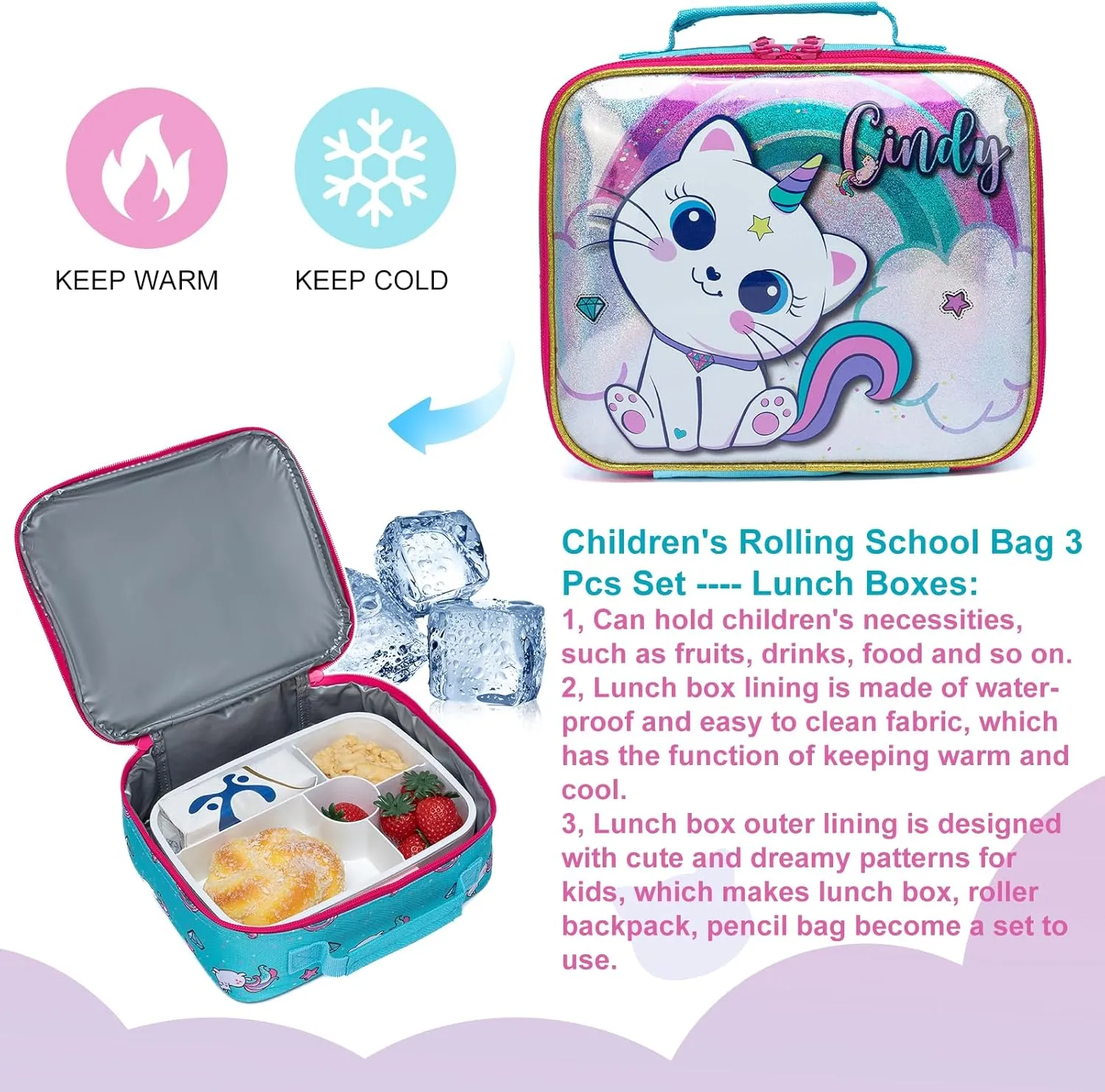 Egchescebo Kids Rolling Cats Backpack for Girls Trolley Suitcases Luggage Travel with Wheels Bookbag Wheeled 3PCS Roller Backpacks Toddler Tote Bag Back Pack School Bags Set for Elementary Green