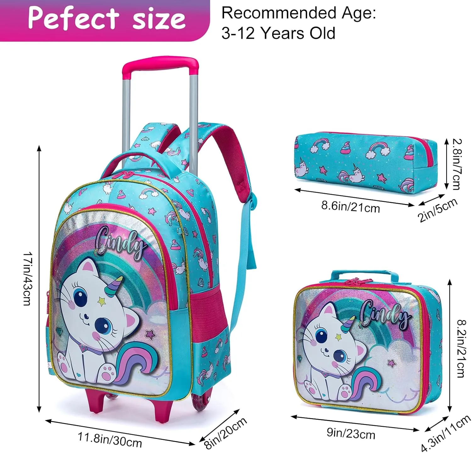 Egchescebo Kids Rolling Cats Backpack for Girls Trolley Suitcases Luggage Travel with Wheels Bookbag Wheeled 3PCS Roller Backpacks Toddler Tote Bag Back Pack School Bags Set for Elementary Green