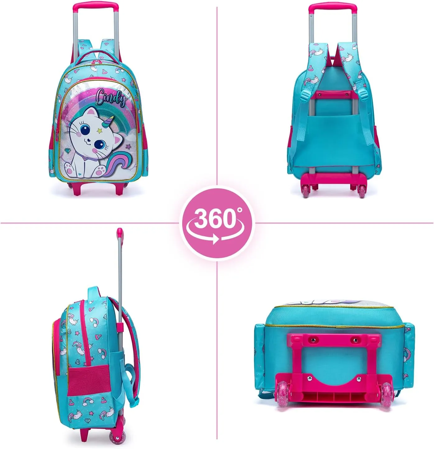 Egchescebo Kids Rolling Cats Backpack for Girls Trolley Suitcases Luggage Travel with Wheels Bookbag Wheeled 3PCS Roller Backpacks Toddler Tote Bag Back Pack School Bags Set for Elementary Green