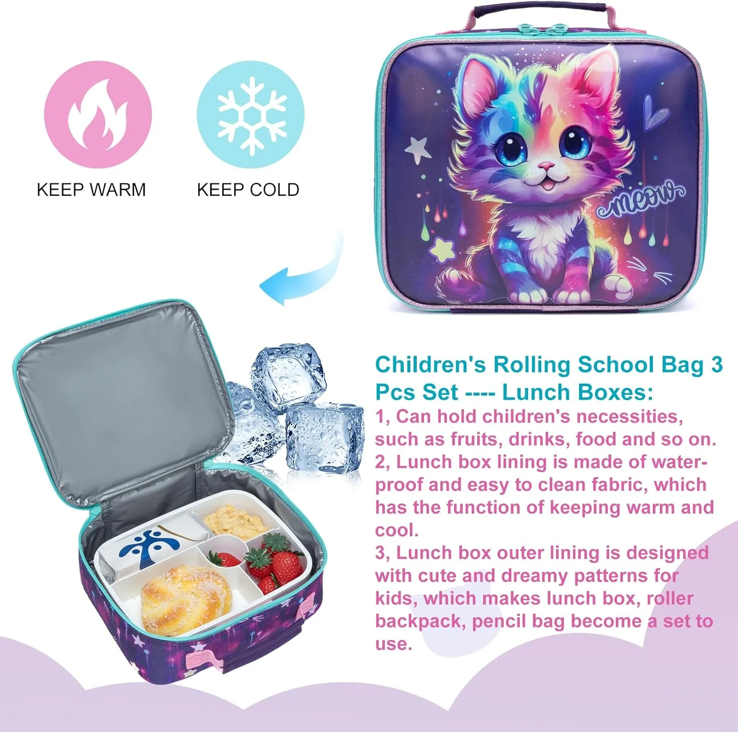 Egchescebo Kids Rolling Cats Backpack for Girls Trolley Suitcases Luggage Travel with Wheels Bookbag Wheeled 3PCS Roller Backpacks Toddler Tote Bag Back Pack School Bags Set for Elementary Purple