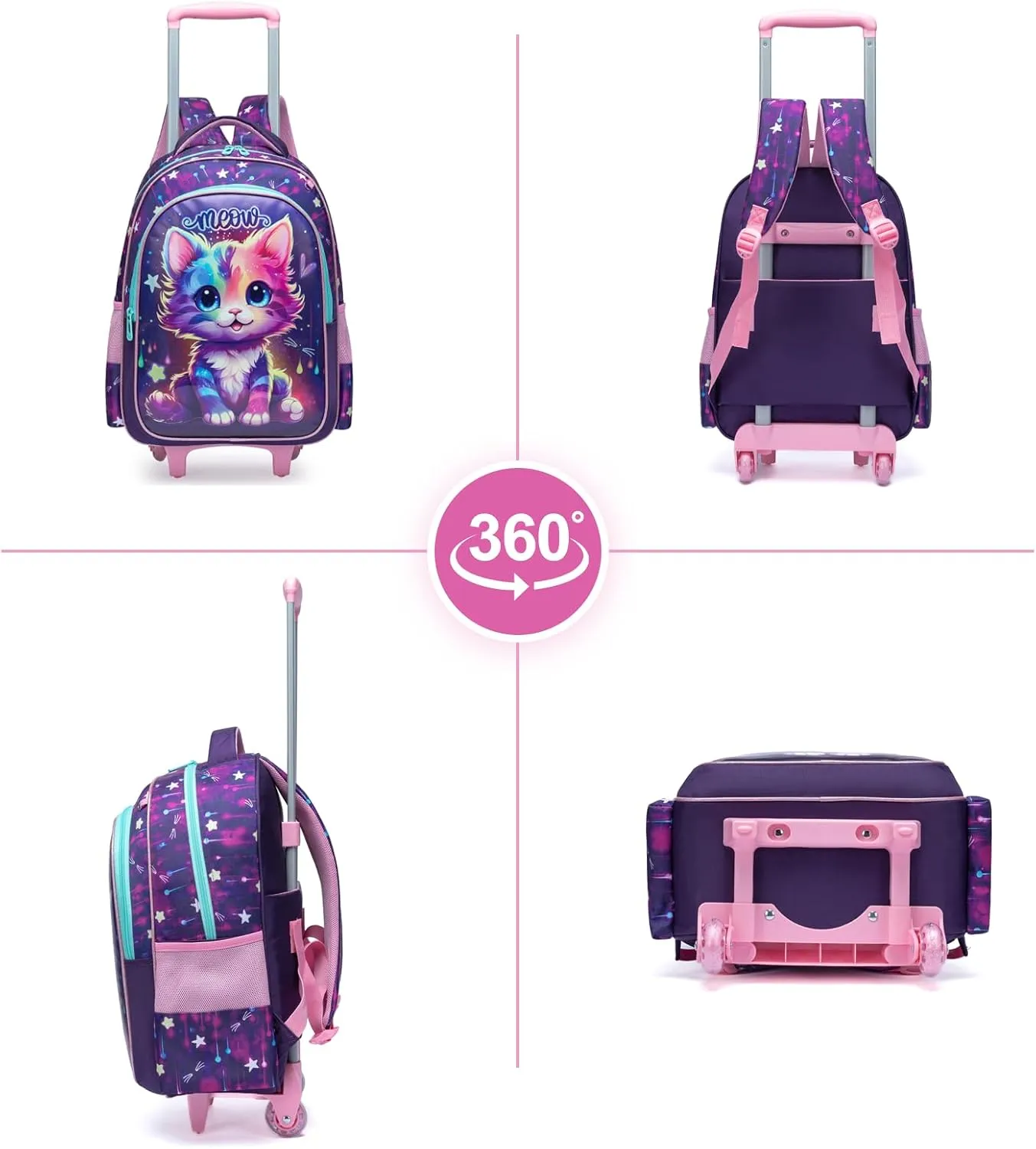 Egchescebo Kids Rolling Cats Backpack for Girls Trolley Suitcases Luggage Travel with Wheels Bookbag Wheeled 3PCS Roller Backpacks Toddler Tote Bag Back Pack School Bags Set for Elementary Purple