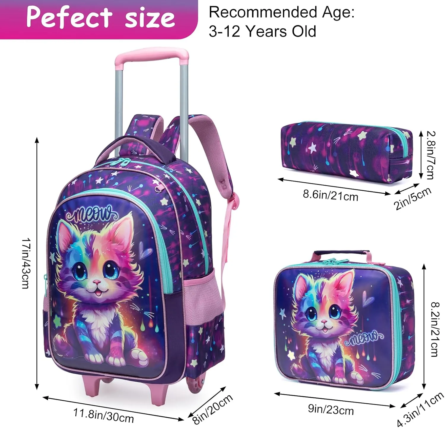 Egchescebo Kids Rolling Cats Backpack for Girls Trolley Suitcases Luggage Travel with Wheels Bookbag Wheeled 3PCS Roller Backpacks Toddler Tote Bag Back Pack School Bags Set for Elementary Purple