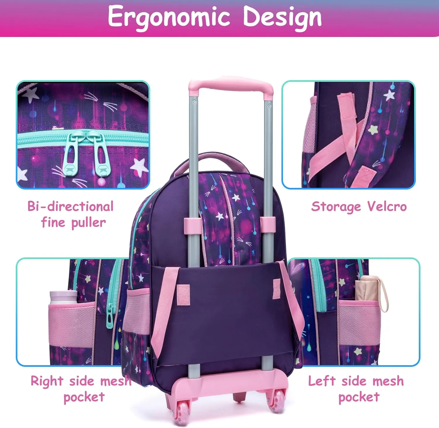 Egchescebo Kids Rolling Cats Backpack for Girls Trolley Suitcases Luggage Travel with Wheels Bookbag Wheeled 3PCS Roller Backpacks Toddler Tote Bag Back Pack School Bags Set for Elementary Purple