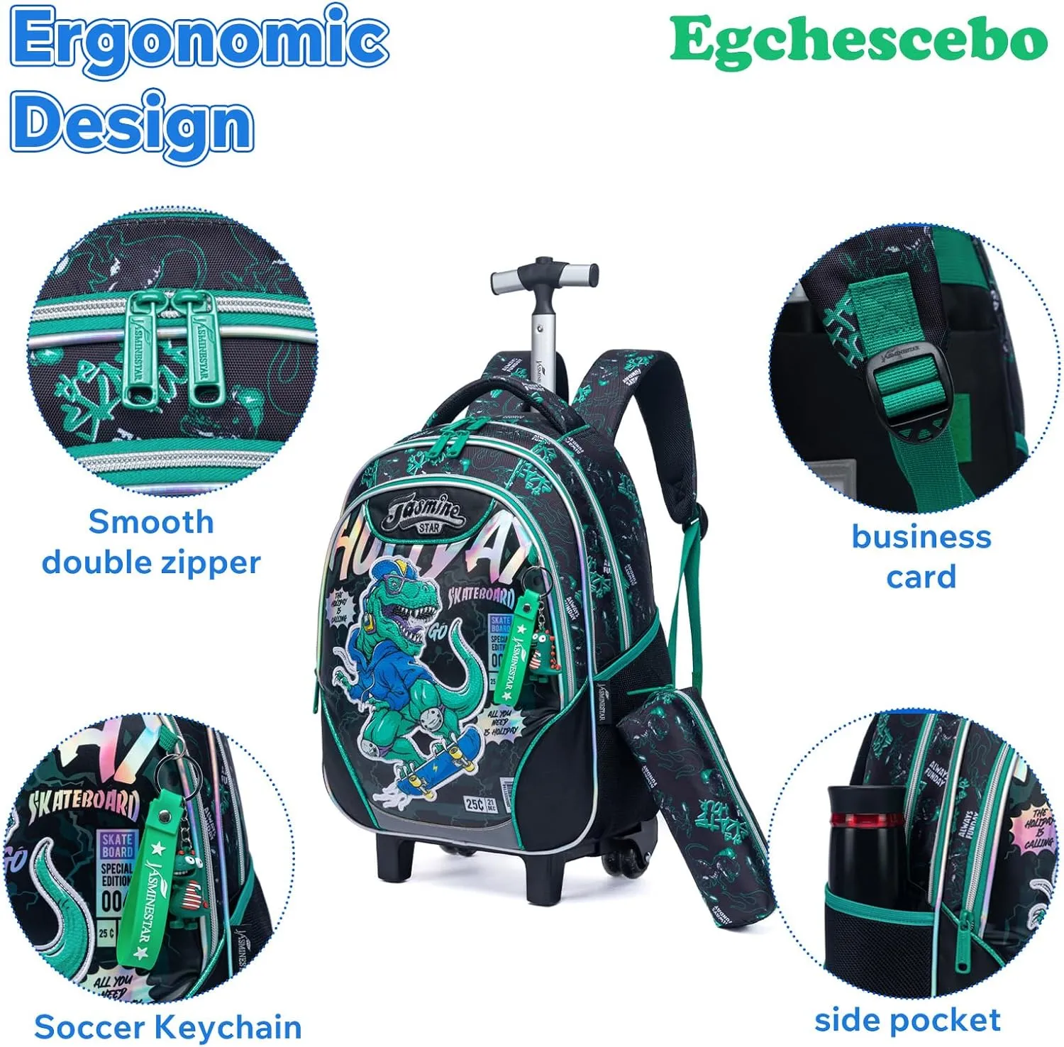 Egchescebo Kids Rolling Dinosaurs Backpack for Boys Trolley Suitcases Luggage Travel with Wheels Bookbag Wheeled 17" 3PCS Roller Backpacks Set Toddler Tote Bag Back Pack School Bags Elementary Green